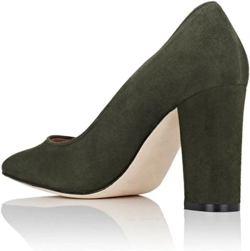 YDN Women's Classic Heeled Office Ladies Pumps Slip on Pointy Toe Chunky High Heels Suede Dress Formal Wear Shoes Size 4-15
