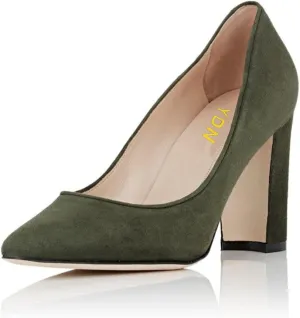 YDN Women's Classic Heeled Office Ladies Pumps Slip on Pointy Toe Chunky High Heels Suede Dress Formal Wear Shoes Size 4-15