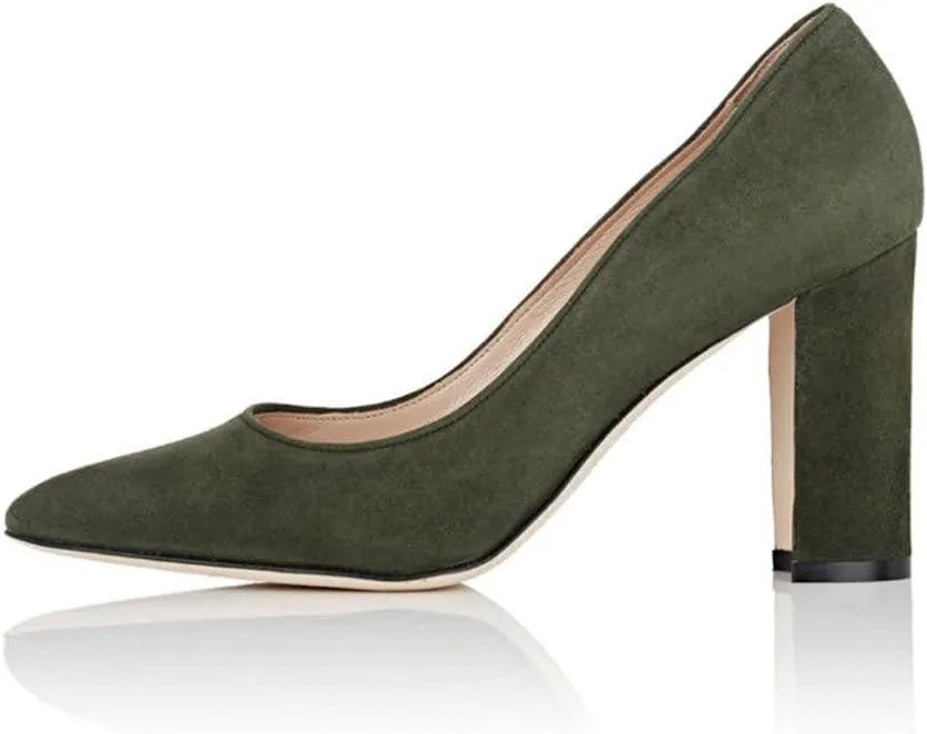 YDN Women's Classic Heeled Office Ladies Pumps Slip on Pointy Toe Chunky High Heels Suede Dress Formal Wear Shoes Size 4-15