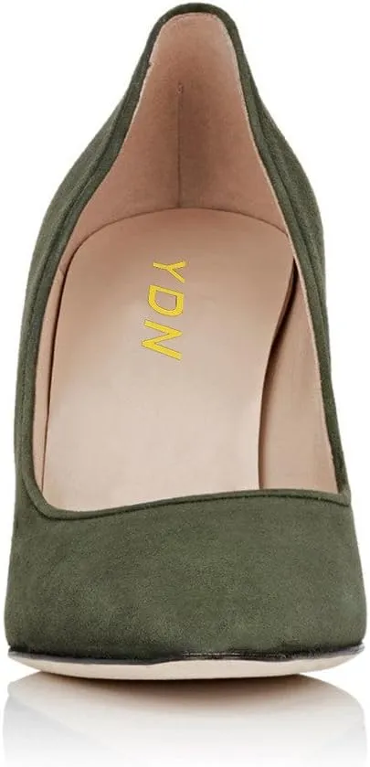 YDN Women's Classic Heeled Office Ladies Pumps Slip on Pointy Toe Chunky High Heels Suede Dress Formal Wear Shoes Size 4-15