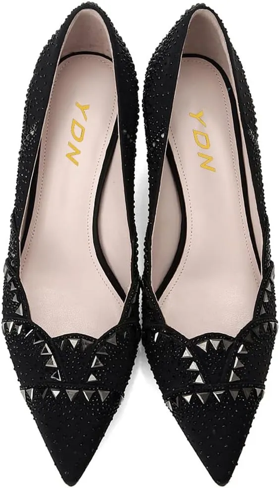 YDN Women's Classic Pointy Toe Kitten Pumps Slip-on Suede Low Heel D'Orsay Shoes Formal