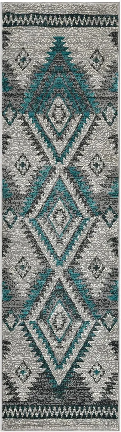 YHSF South West Native American Rug Ritz – Native Tribal American Indian Inspired Rug - Living Room, Bedroom, Hallway, Entryway & High-Traffic Area Rugs - Washable - Soft - Steel, 2 Feet x 7 Feet