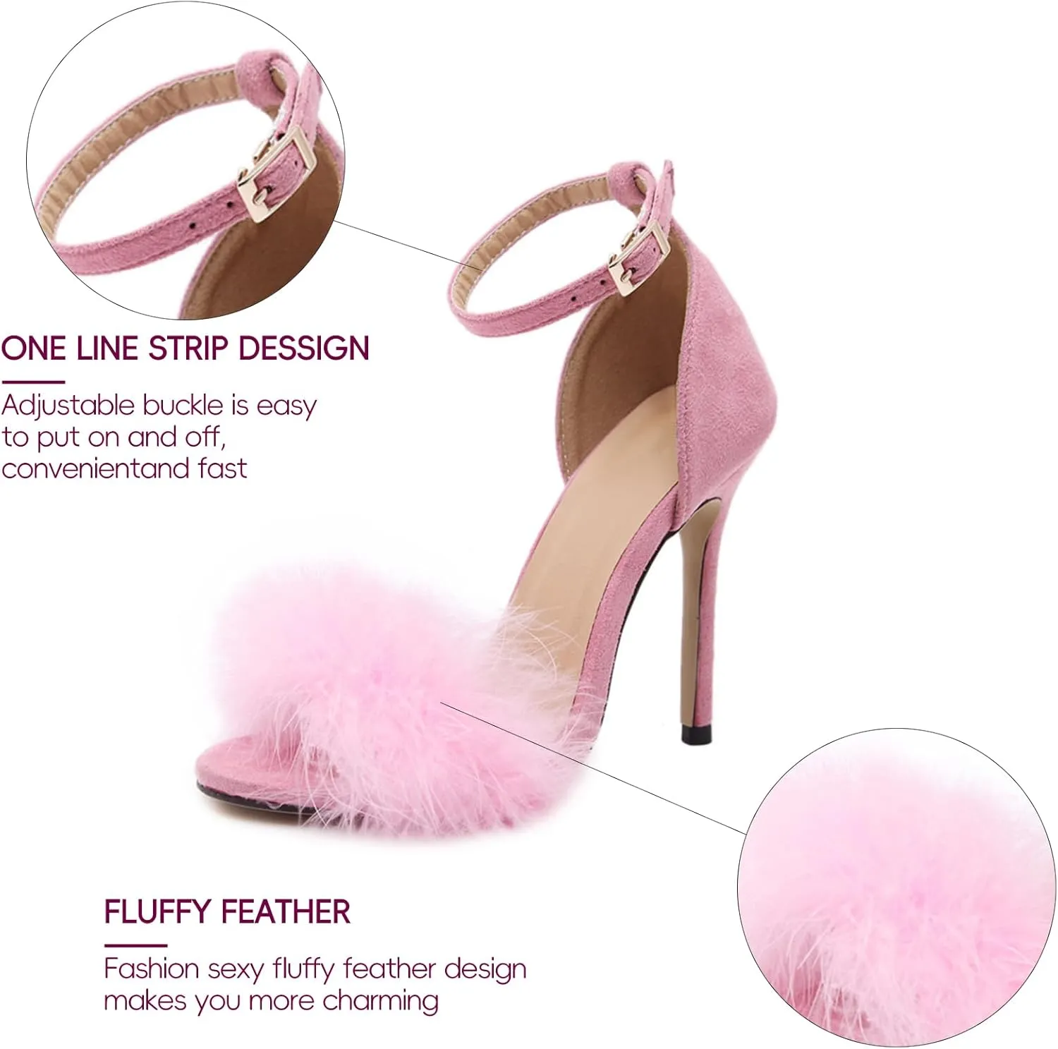 YIBLBOX Women's Feather Heels Open Toe Sandal Fluffy Fur High Heel Shoes Ankle Strap Stiletto Pump for Wedding Party Dance Evening