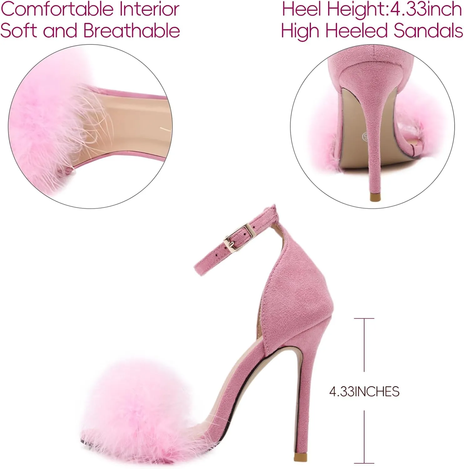 YIBLBOX Women's Feather Heels Open Toe Sandal Fluffy Fur High Heel Shoes Ankle Strap Stiletto Pump for Wedding Party Dance Evening