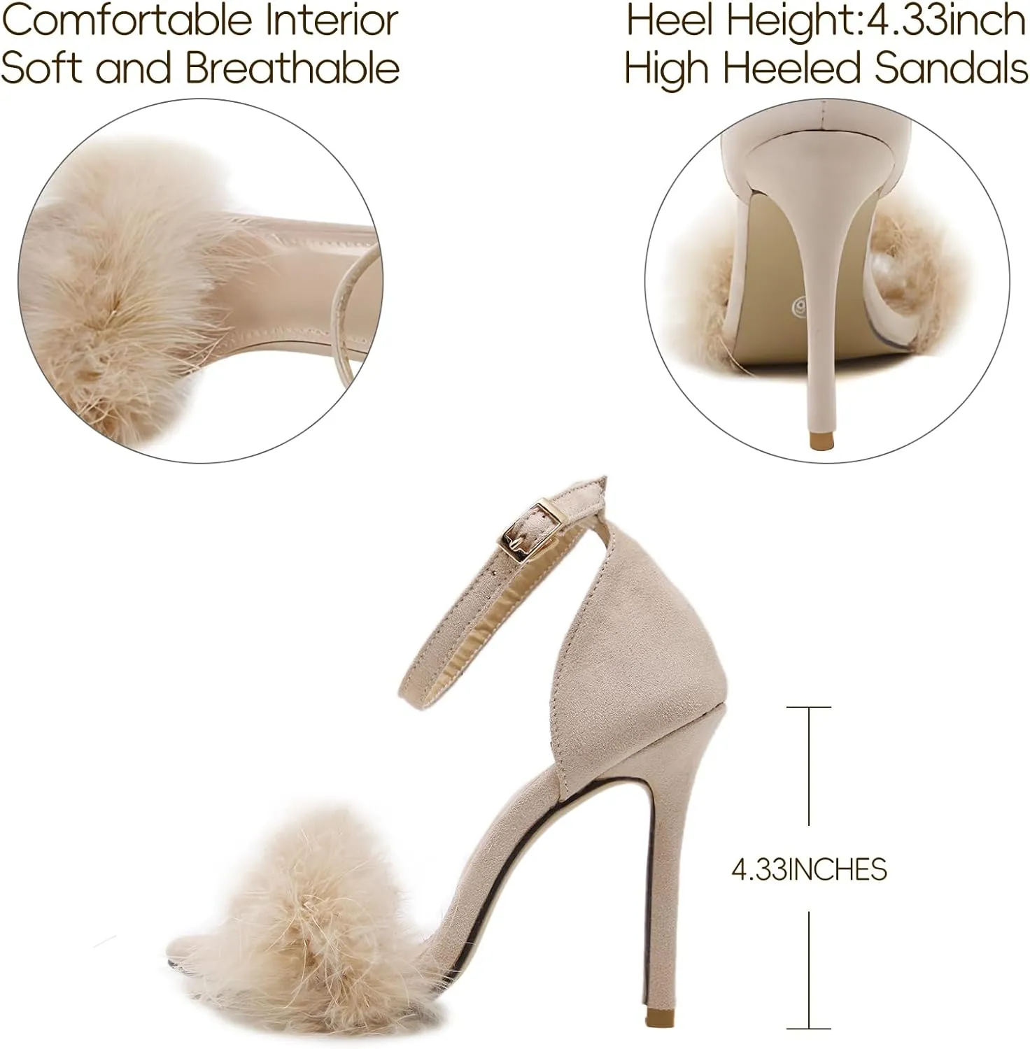 YIBLBOX Women's Feather Heels Open Toe Sandal Fluffy Fur High Heel Shoes Ankle Strap Stiletto Pump for Wedding Party Dance Evening