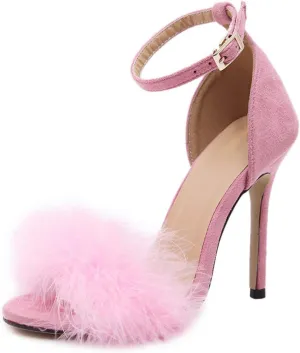 YIBLBOX Women's Feather Heels Open Toe Sandal Fluffy Fur High Heel Shoes Ankle Strap Stiletto Pump for Wedding Party Dance Evening