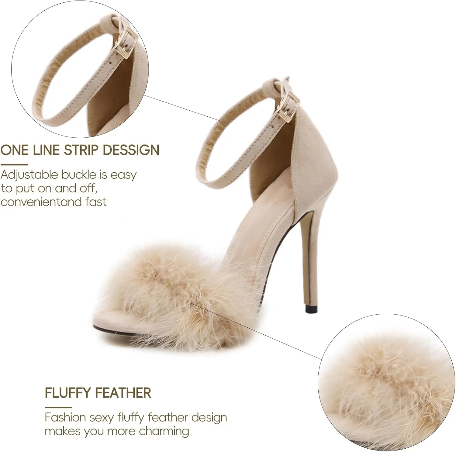 YIBLBOX Women's Feather Heels Open Toe Sandal Fluffy Fur High Heel Shoes Ankle Strap Stiletto Pump for Wedding Party Dance Evening