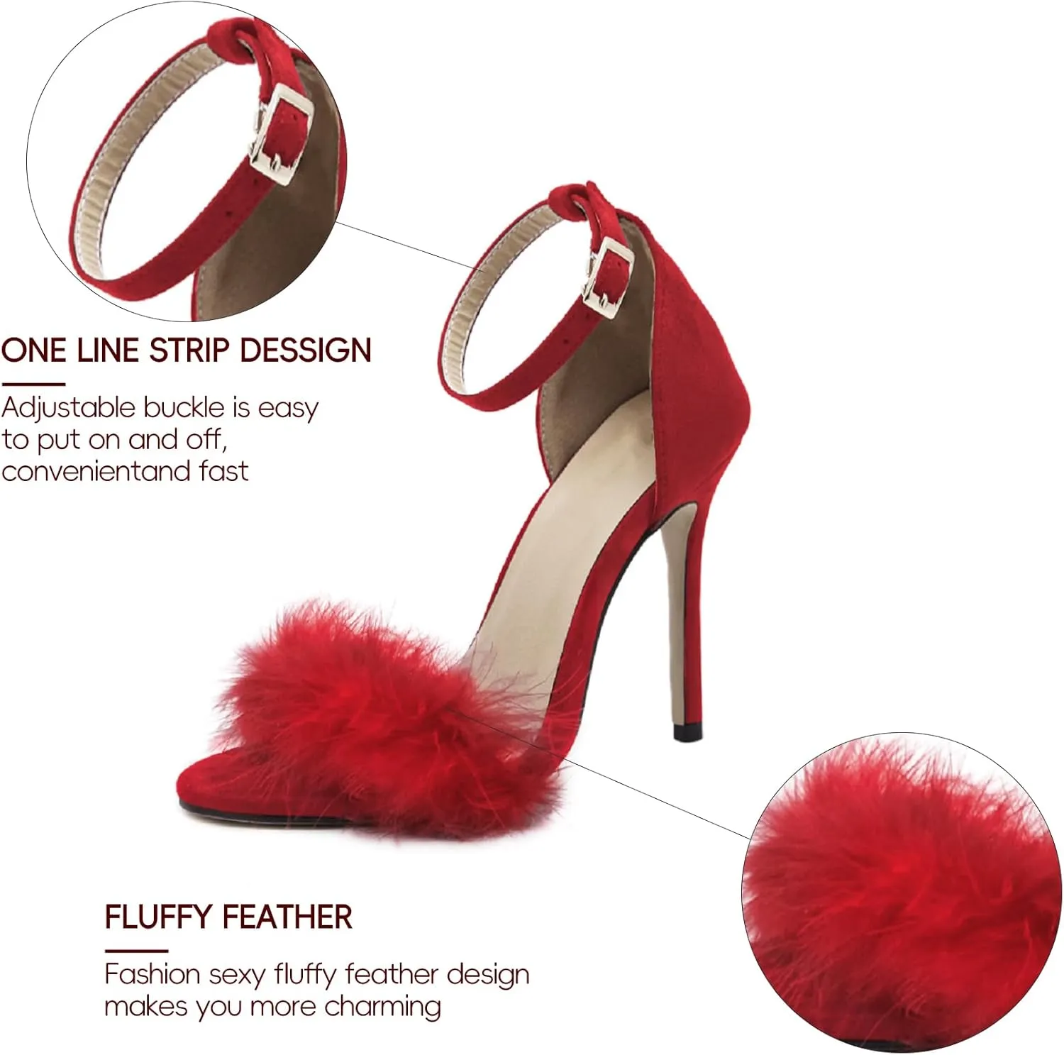 YIBLBOX Women's Feather Heels Open Toe Sandal Fluffy Fur High Heel Shoes Ankle Strap Stiletto Pump for Wedding Party Dance Evening