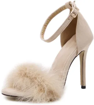 YIBLBOX Women's Feather Heels Open Toe Sandal Fluffy Fur High Heel Shoes Ankle Strap Stiletto Pump for Wedding Party Dance Evening