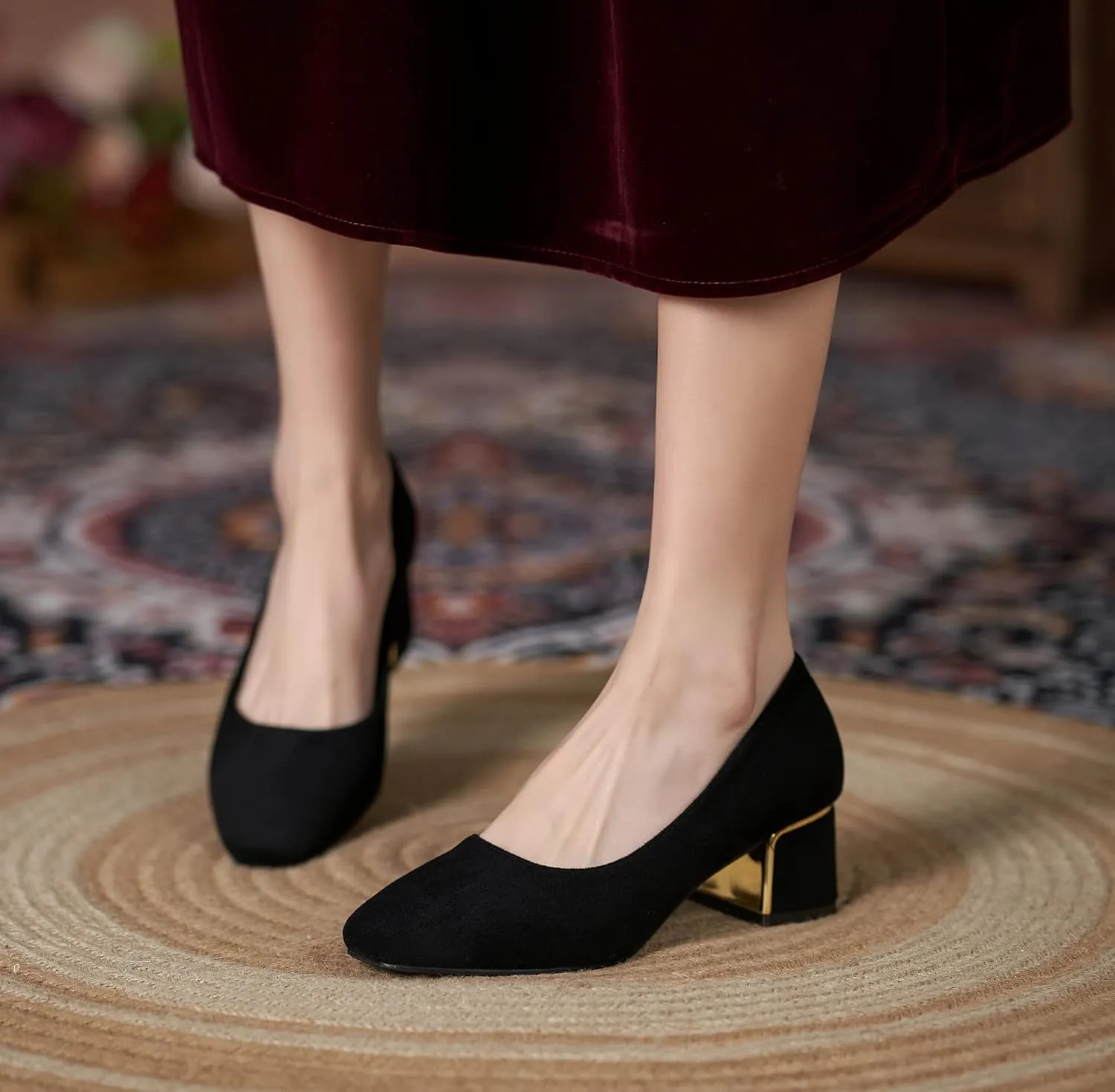 YooPrettyz Women Classic Slip On Office Wear Square Toe Block Heel Suede Daily Leather Metallic Chunky Low Heels