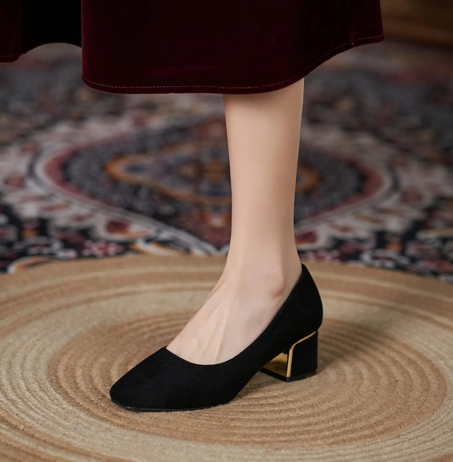 YooPrettyz Women Classic Slip On Office Wear Square Toe Block Heel Suede Daily Leather Metallic Chunky Low Heels