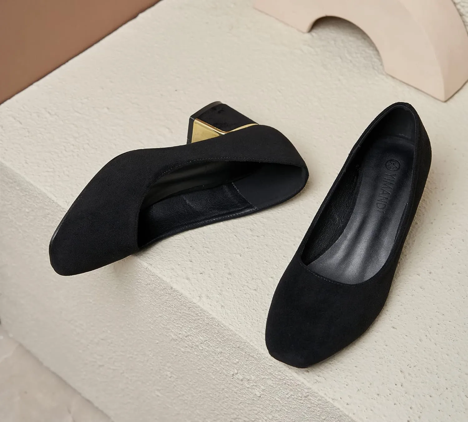 YooPrettyz Women Classic Slip On Office Wear Square Toe Block Heel Suede Daily Leather Metallic Chunky Low Heels