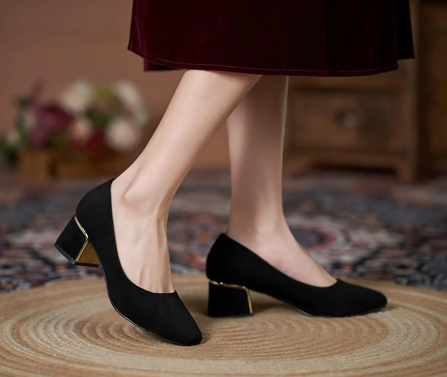 YooPrettyz Women Classic Slip On Office Wear Square Toe Block Heel Suede Daily Leather Metallic Chunky Low Heels