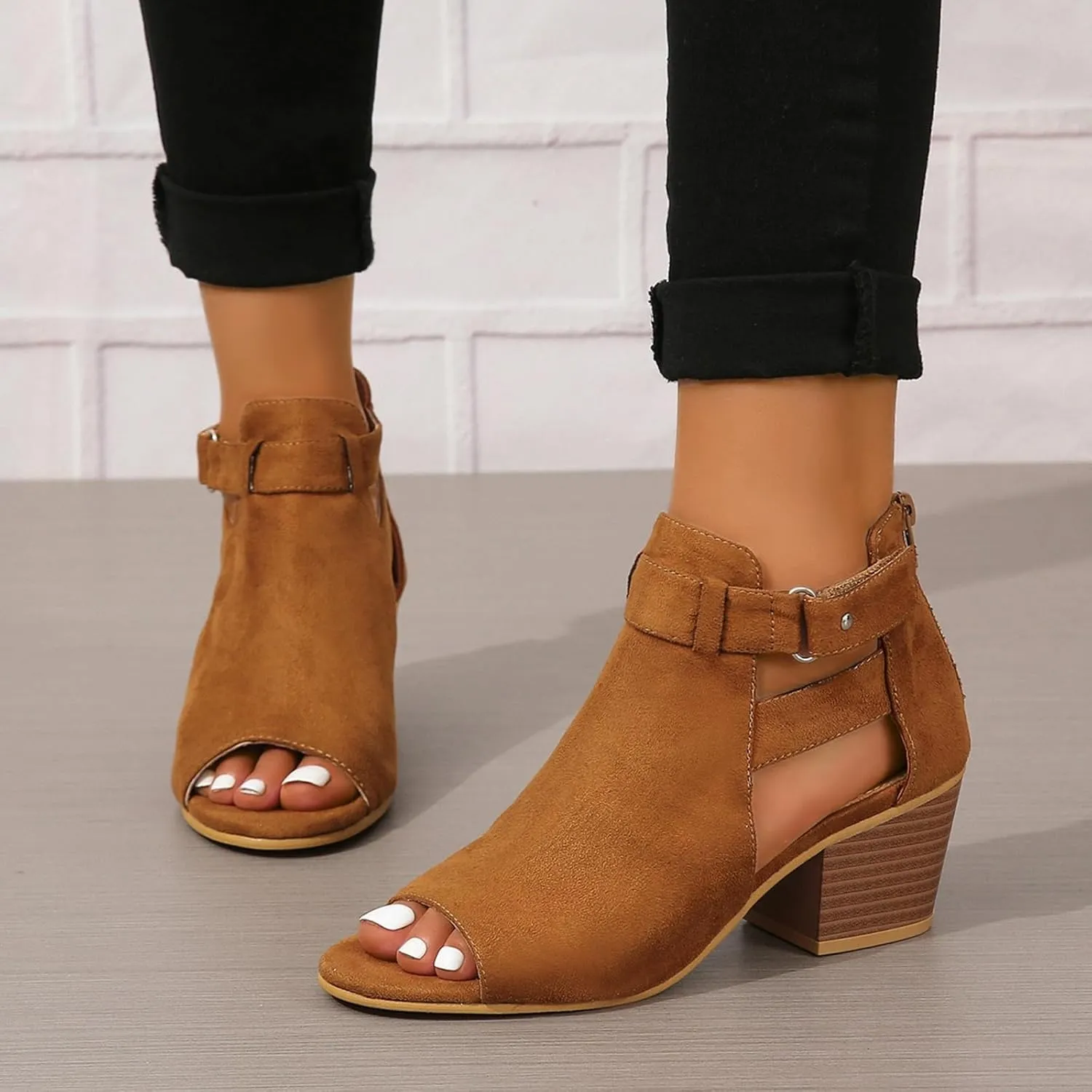 ZBYY Womens Peep Toe Ankle Booties Chunky Heels Cutout Back Zipper Sandals Suede Side Ankle Strap Dress Sandals