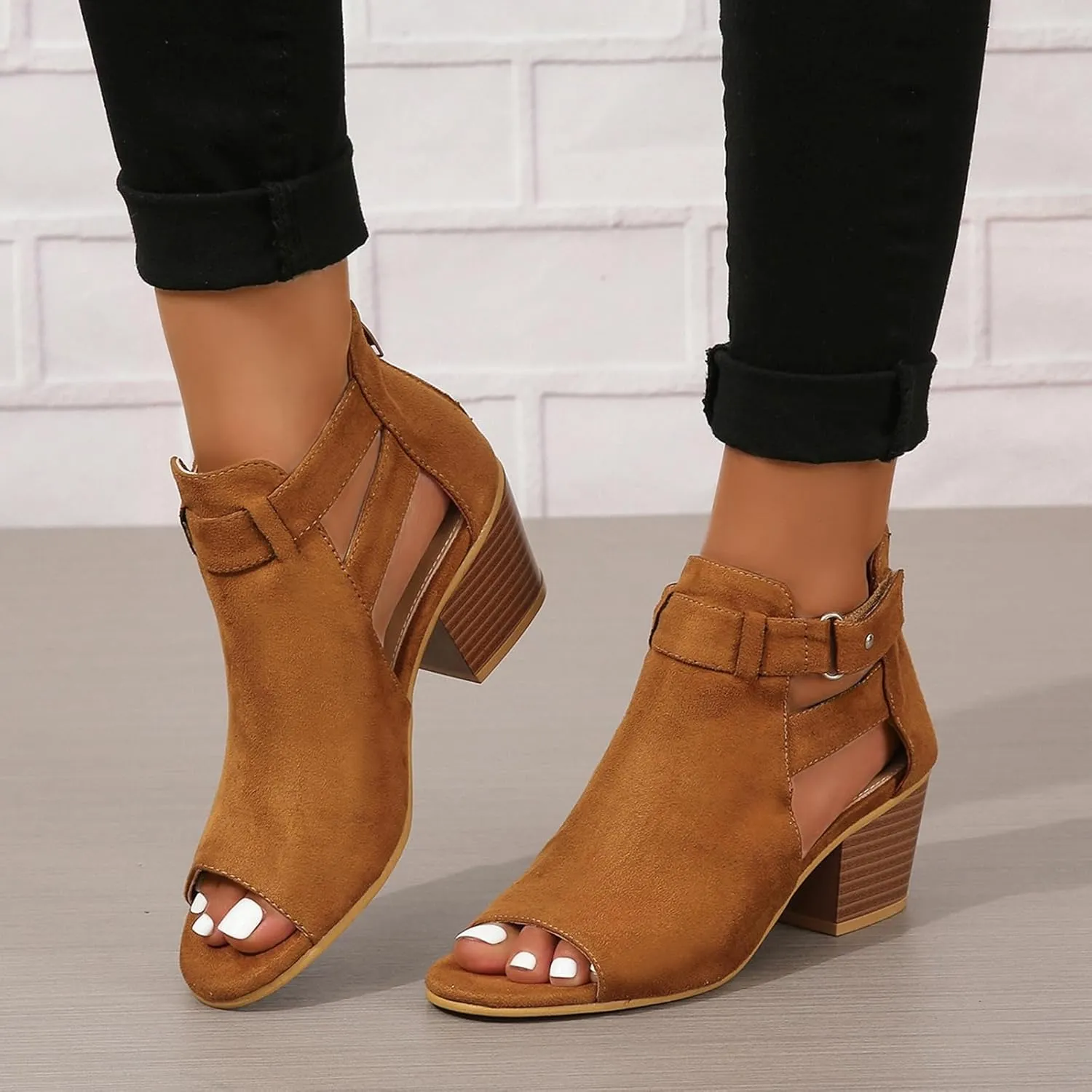 ZBYY Womens Peep Toe Ankle Booties Chunky Heels Cutout Back Zipper Sandals Suede Side Ankle Strap Dress Sandals