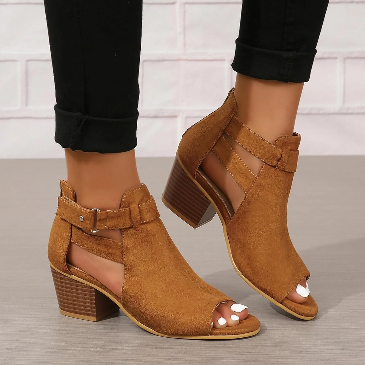 ZBYY Womens Peep Toe Ankle Booties Chunky Heels Cutout Back Zipper Sandals Suede Side Ankle Strap Dress Sandals