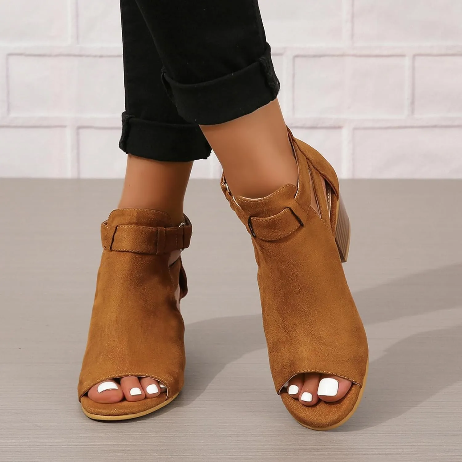 ZBYY Womens Peep Toe Ankle Booties Chunky Heels Cutout Back Zipper Sandals Suede Side Ankle Strap Dress Sandals