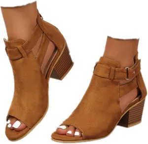 ZBYY Womens Peep Toe Ankle Booties Chunky Heels Cutout Back Zipper Sandals Suede Side Ankle Strap Dress Sandals