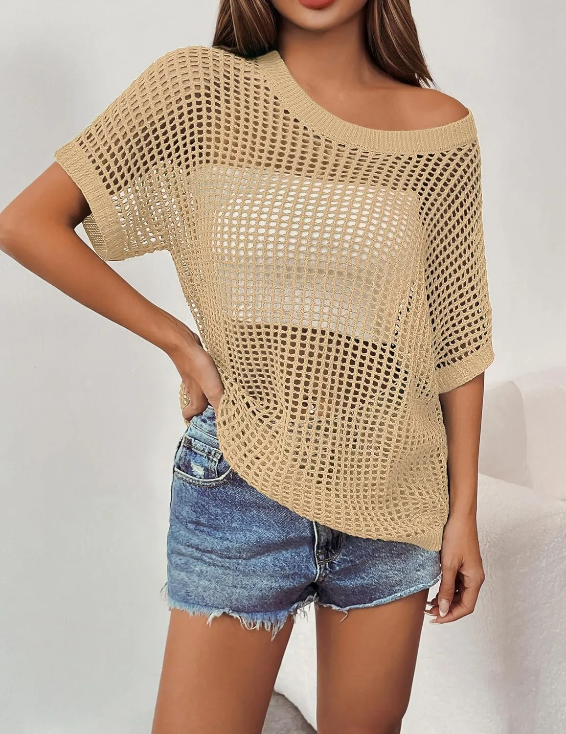 Zeagoo Short Sleeve Crochet Sweater Lightweight Summer Tops Loose Hollow Out Crewneck Pullover