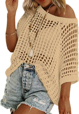 Zeagoo Short Sleeve Crochet Sweater Lightweight Summer Tops Loose Hollow Out Crewneck Pullover