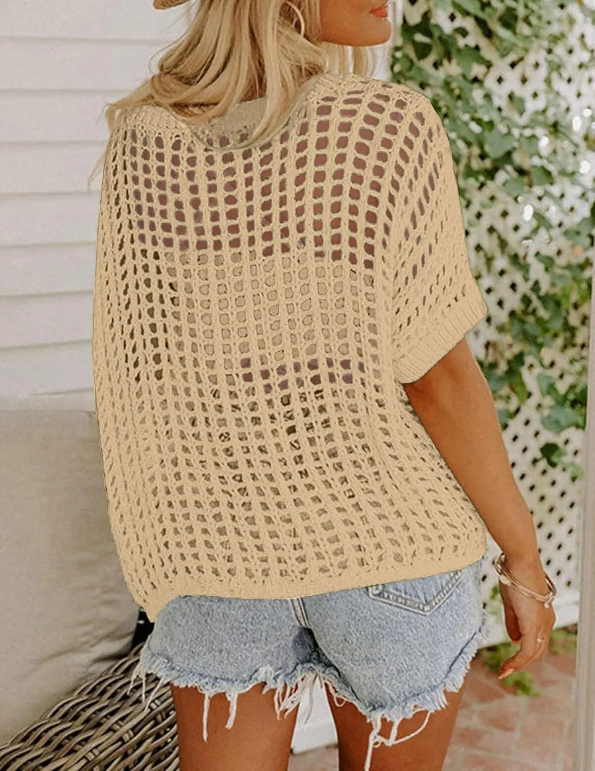 Zeagoo Short Sleeve Crochet Sweater Lightweight Summer Tops Loose Hollow Out Crewneck Pullover