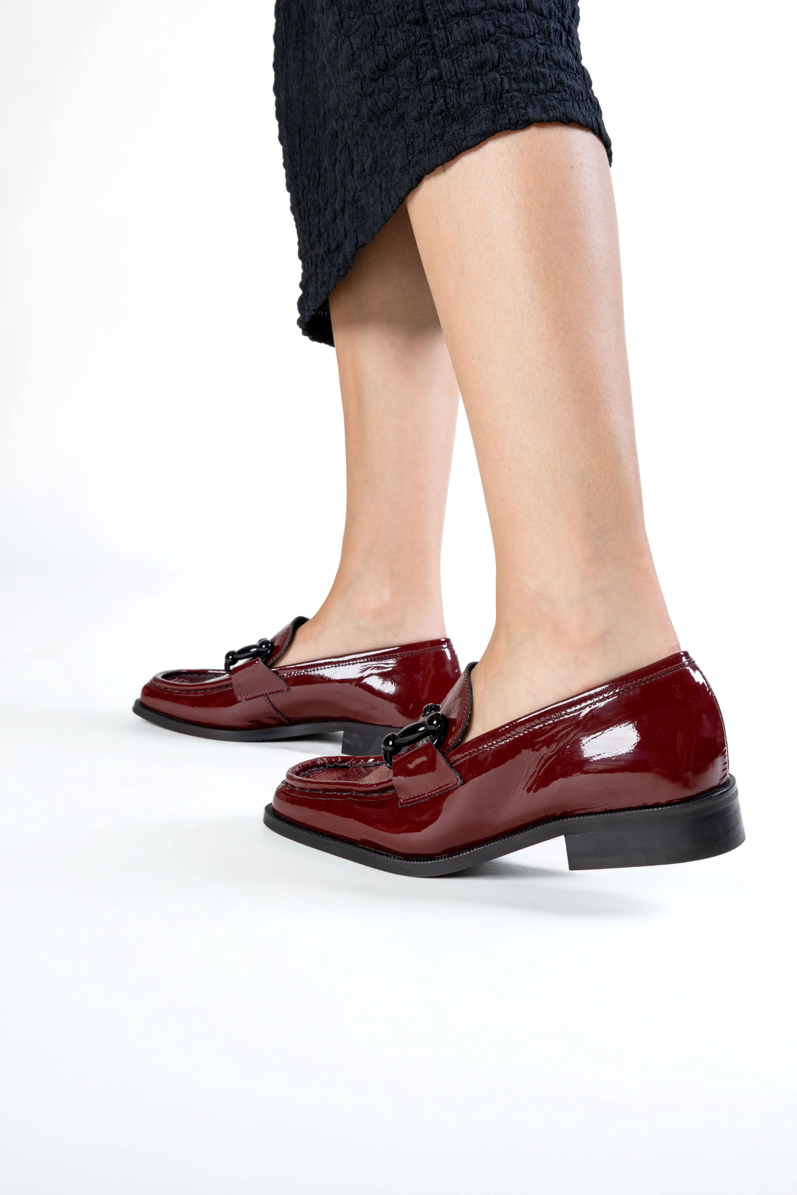 ZOE PATENT BURGUNDY – Square Toe Loafer with Horsebit Trim