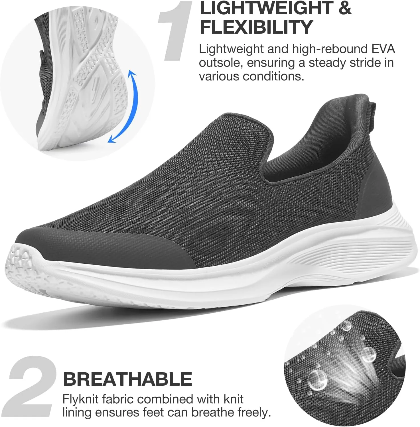 ZURIN Mens Slip On Walking Shoes with Arch Support, Lightweight No Lace Sneakers,Non Slip Breathable Tennis Shoes,Casual Travel Gym Work Shoes