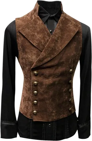 ZYXTIM Classic Retro Suede Leather Vest for Men, Slim Double Breasted Gothic Steampunk Waistcoat Stand Collar Biker Jacket