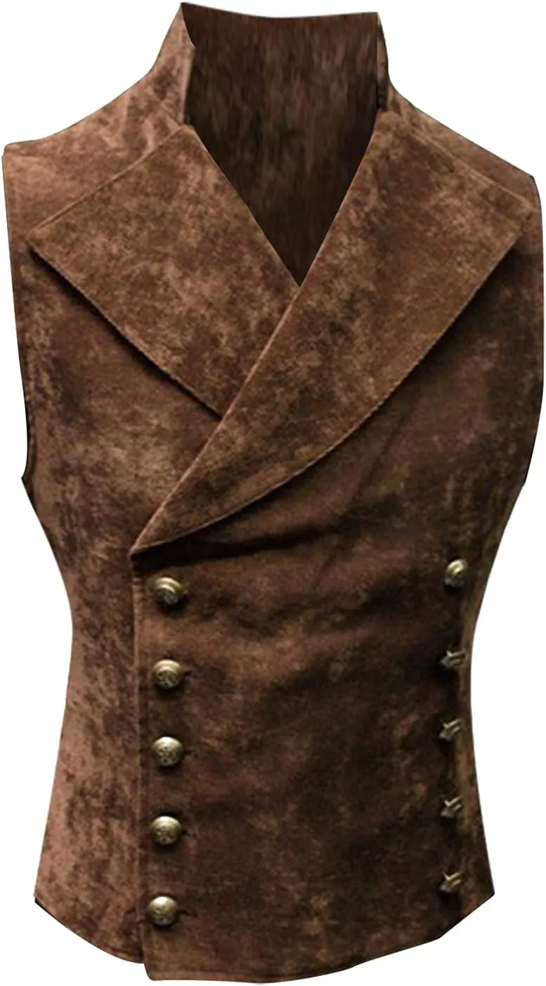 ZYXTIM Classic Retro Suede Leather Vest for Men, Slim Double Breasted Gothic Steampunk Waistcoat Stand Collar Biker Jacket