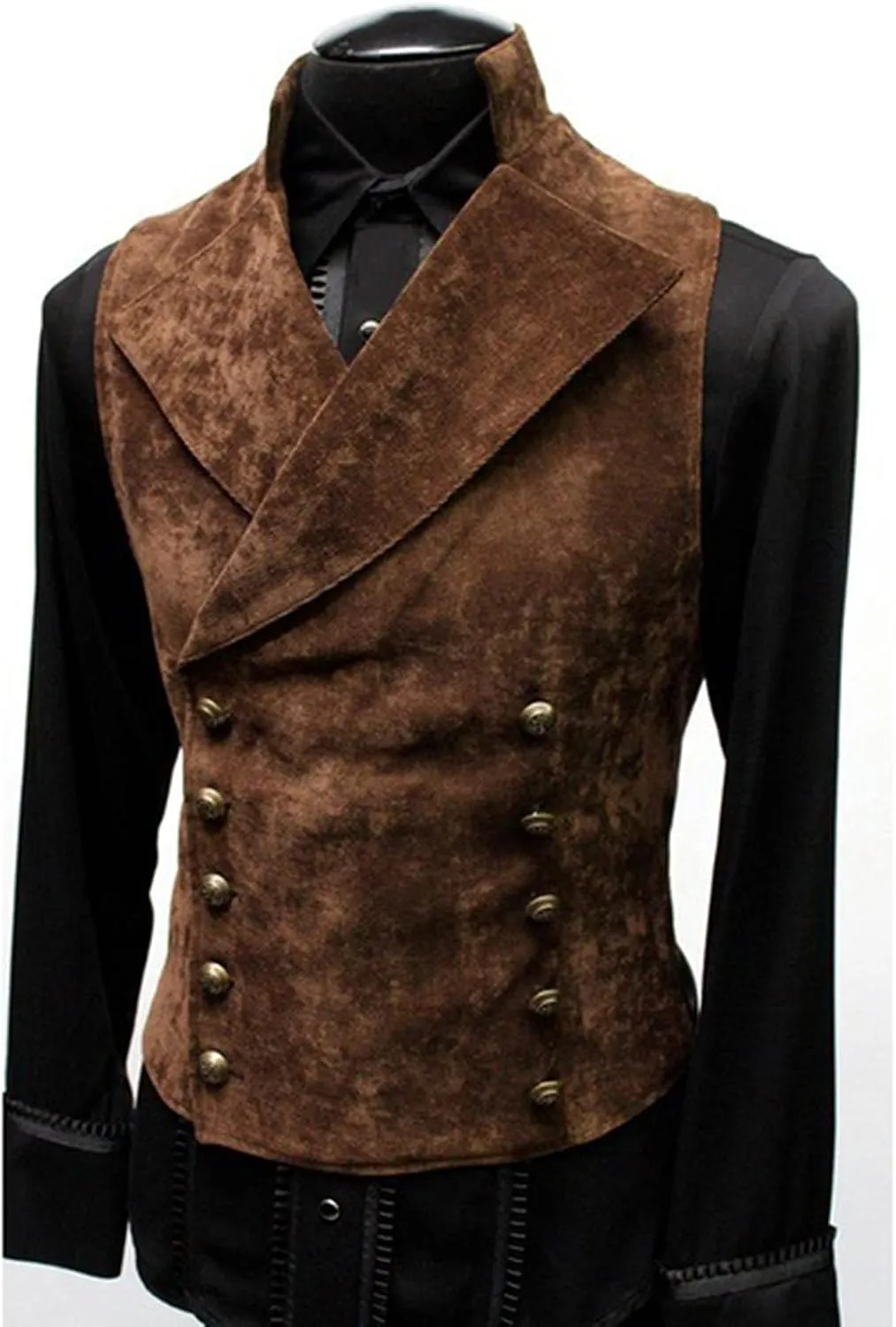 ZYXTIM Classic Retro Suede Leather Vest for Men, Slim Double Breasted Gothic Steampunk Waistcoat Stand Collar Biker Jacket